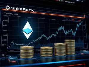 A BlackRock executive shaking hands with a SharpLink Gaming representative, symbolizing a significant institutional Ethereum investment and ETH purchase.