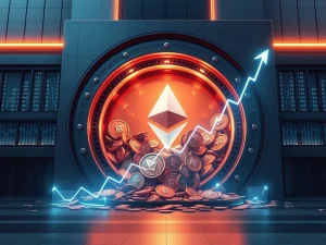 A visual representation of BitMine's strategic Ethereum staking efforts, showing a large accumulation of ETH coins and a rapidly rising stock chart.