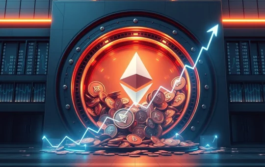 A visual representation of BitMine's strategic Ethereum staking efforts, showing a large accumulation of ETH coins and a rapidly rising stock chart.