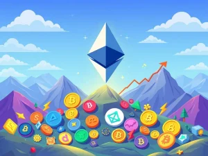 A vibrant digital illustration depicting Ethereum's logo soaring above a landscape of various altcoin symbols, representing massive altcoin gains and new crypto investments.