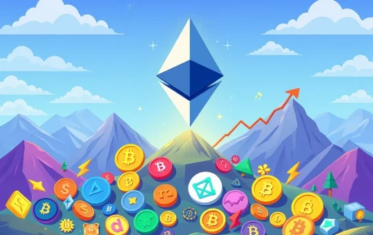 A vibrant digital illustration depicting Ethereum's logo soaring above a landscape of various altcoin symbols, representing massive altcoin gains and new crypto investments.