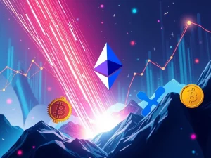 Visualizing the Ethereum surge, with its rapid growth contrasting Bitcoin price and XRP's calmer market, highlighting institutional influence.