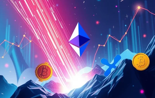 Visualizing the Ethereum surge, with its rapid growth contrasting Bitcoin price and XRP's calmer market, highlighting institutional influence.