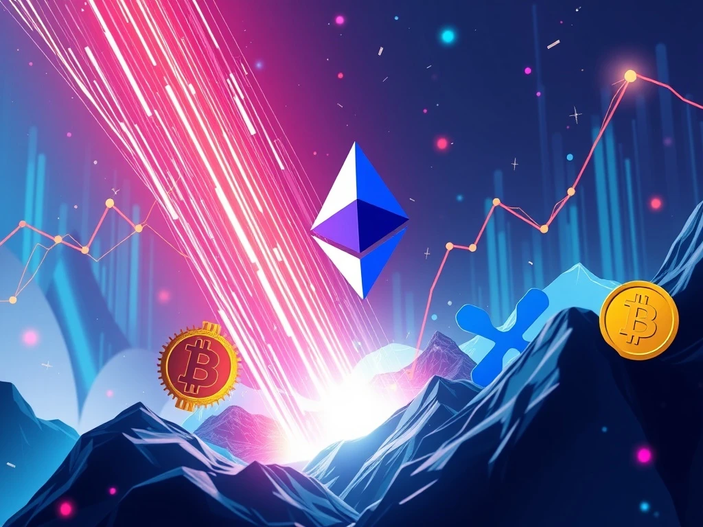Visualizing the Ethereum surge, with its rapid growth contrasting Bitcoin price and XRP's calmer market, highlighting institutional influence.