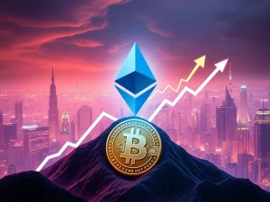 Ethereum's symbol ascending above Bitcoin's, illustrating ETH's dramatic rise in trading volume and market performance.