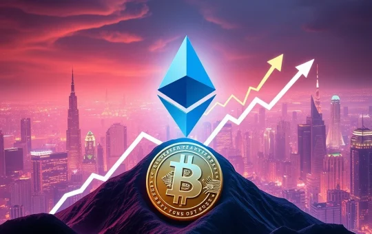 Ethereum's symbol ascending above Bitcoin's, illustrating ETH's dramatic rise in trading volume and market performance.