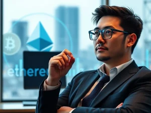 Tom Lee discussing his strategic shift towards Ethereum, highlighting its PoS and stablecoin advantages over Bitcoin.