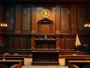 A gavel striking a sound block in a courtroom, symbolizing the legal proceedings of the Tornado Cash trial and its impact on Ethereum news and DeFi.