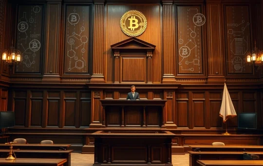 A gavel striking a sound block in a courtroom, symbolizing the legal proceedings of the Tornado Cash trial and its impact on Ethereum news and DeFi.