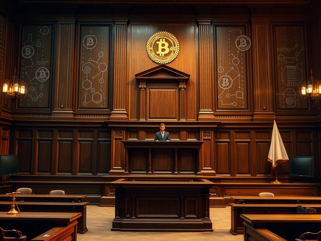 A gavel striking a sound block in a courtroom, symbolizing the legal proceedings of the Tornado Cash trial and its impact on Ethereum news and DeFi.