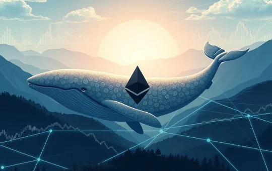 A digital whale moving a large Ethereum transfer, symbolizing Justin Sun's $226M crypto whale activity and its impact on ETH price speculation.