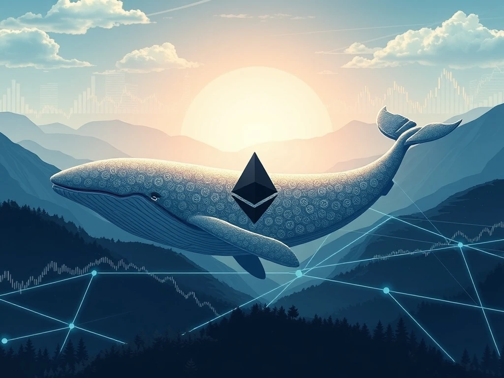 A digital whale moving a large Ethereum transfer, symbolizing Justin Sun's $226M crypto whale activity and its impact on ETH price speculation.