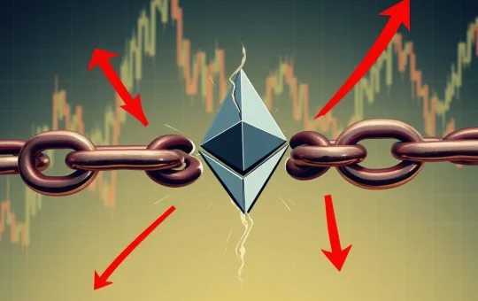 A broken chain link over an Ethereum logo, symbolizing the rising Ethereum unwinding risk from surging wETH borrowing costs.