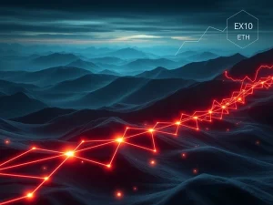 An abstract visual representing the Ethereum validator exit queue, illustrating the flow of ETH out of staking and the resilient ETH price amidst crypto market dynamics.