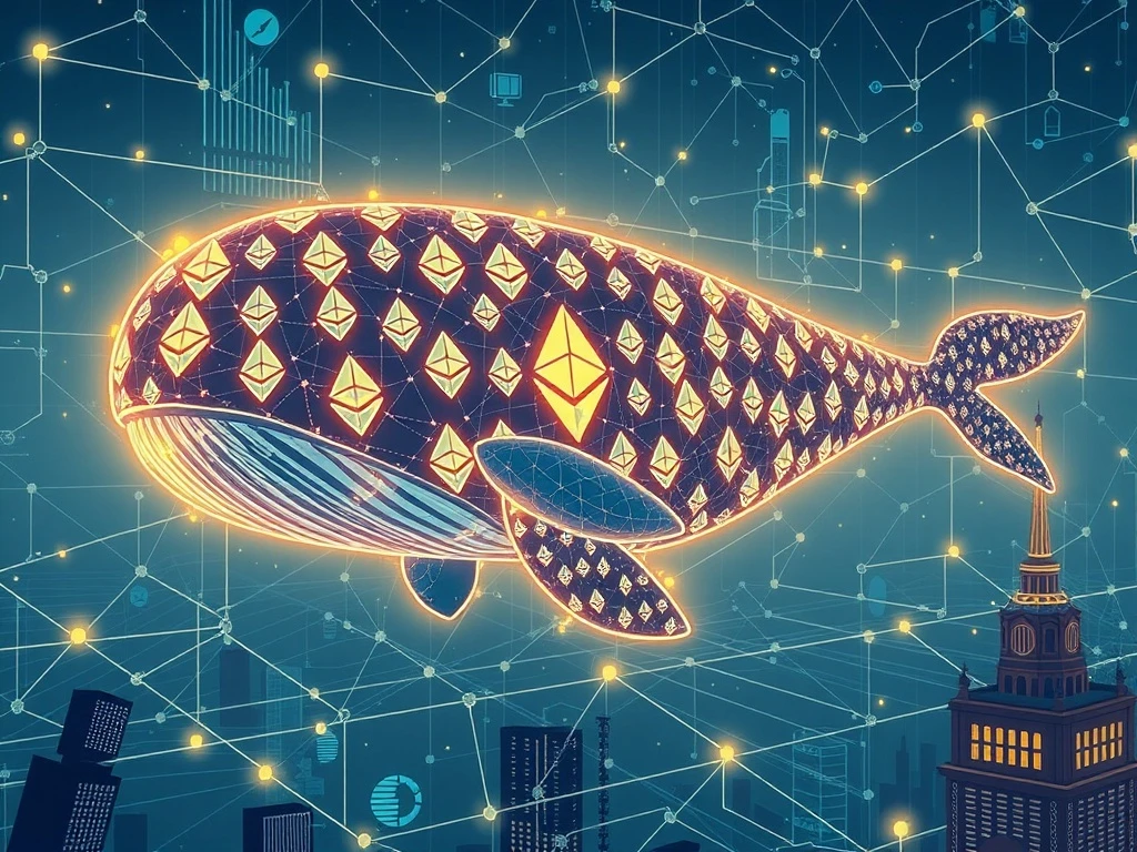 A digital whale representing a new Ethereum whale, composed of ETH symbols, illustrating a significant $380 million ETH accumulation and growing institutional confidence.