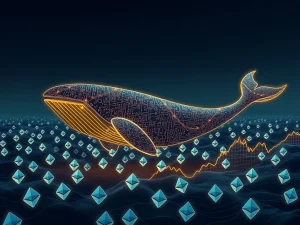 A digital whale representing a major crypto whale making a large Ethereum purchase, symbolizing the impact of institutional crypto on the ETH price.