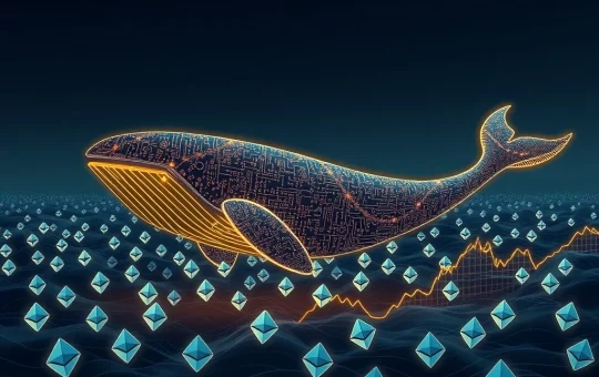 A digital whale representing a major crypto whale making a large Ethereum purchase, symbolizing the impact of institutional crypto on the ETH price.