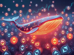 A digital whale symbolizing a large crypto investor, surrounded by Ethereum logos, illustrating the significant Ethereum whale purchase and its potential impact on ETH price.