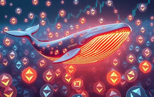 A digital whale symbolizing a large crypto investor, surrounded by Ethereum logos, illustrating the significant Ethereum whale purchase and its potential impact on ETH price.