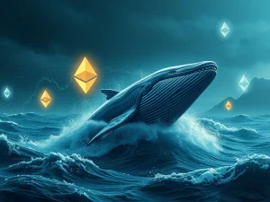 A digital whale representing an Ethereum whale, diving into charts, symbolizing high-stakes leveraged ETH trading and crypto volatility.