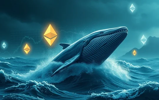 A digital whale representing an Ethereum whale, diving into charts, symbolizing high-stakes leveraged ETH trading and crypto volatility.
