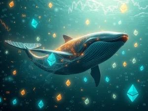 A large digital whale impacting Ethereum price charts, symbolizing the market volatility caused by an ETH sell-off.
