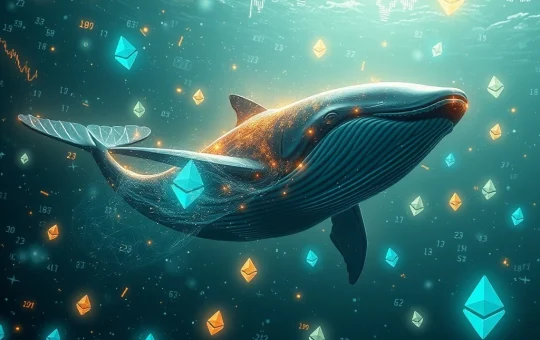 A large digital whale impacting Ethereum price charts, symbolizing the market volatility caused by an ETH sell-off.