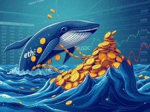 A large whale symbolizing significant crypto whale activity, pulling a chain of cryptocurrencies as nearly $100 million in USDC is withdrawn, illustrating recent Ethereum News Today.