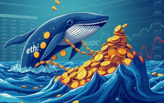 A large whale symbolizing significant crypto whale activity, pulling a chain of cryptocurrencies as nearly $100 million in USDC is withdrawn, illustrating recent Ethereum News Today.