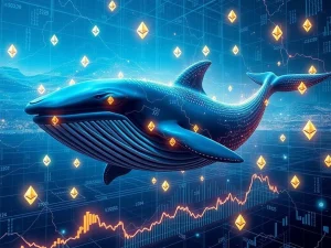 A digital whale amidst Ethereum symbols, representing massive ETH accumulation by Ethereum whales, signaling a bullish market.