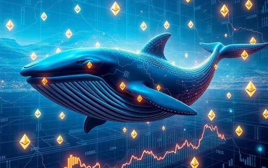 A digital whale amidst Ethereum symbols, representing massive ETH accumulation by Ethereum whales, signaling a bullish market.
