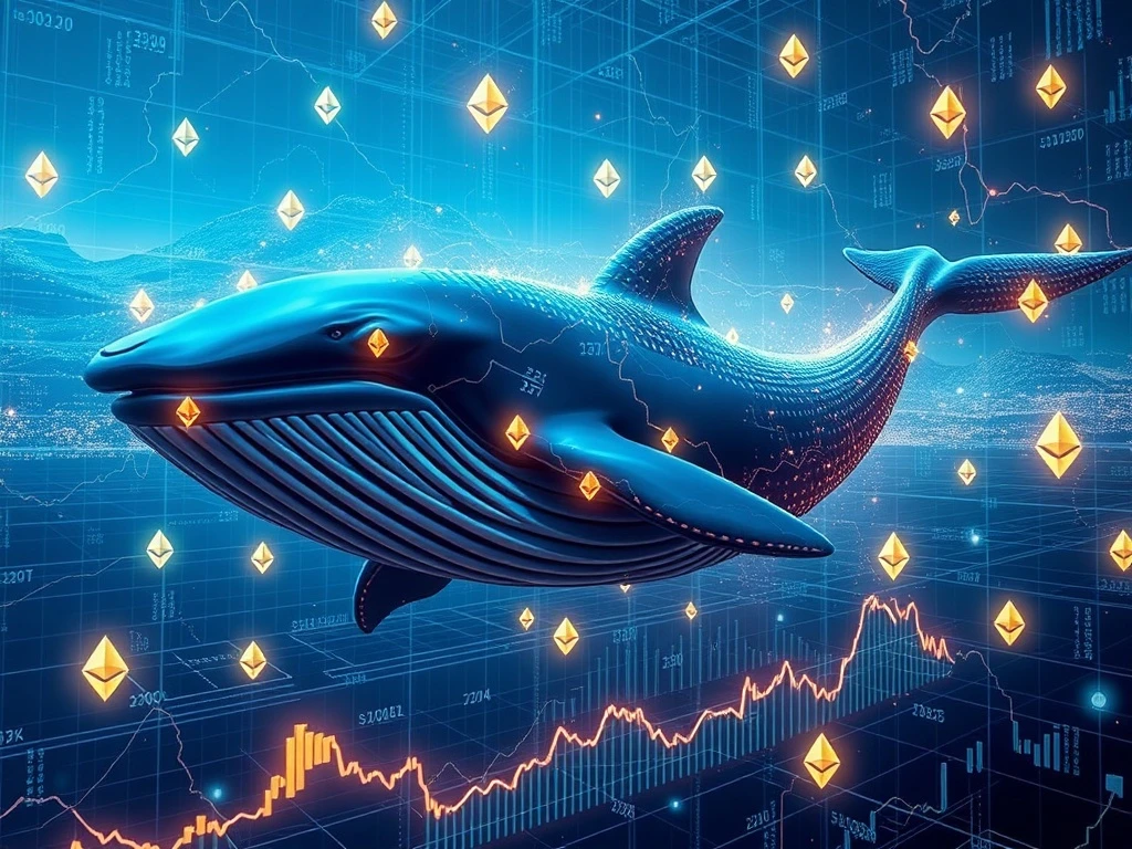 A digital whale amidst Ethereum symbols, representing massive ETH accumulation by Ethereum whales, signaling a bullish market.