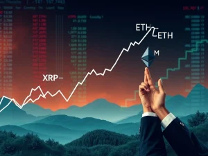 A visual representation of Ethereum News, showing Ether's institutional adoption surging while XRP's price undergoes a healthy correction.