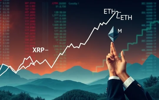 A visual representation of Ethereum News, showing Ether's institutional adoption surging while XRP's price undergoes a healthy correction.