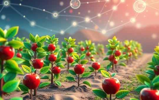A digital farm with glowing apples, symbolizing the $3M Etherlink Apple Farm Season 2 program and its DeFi incentives.