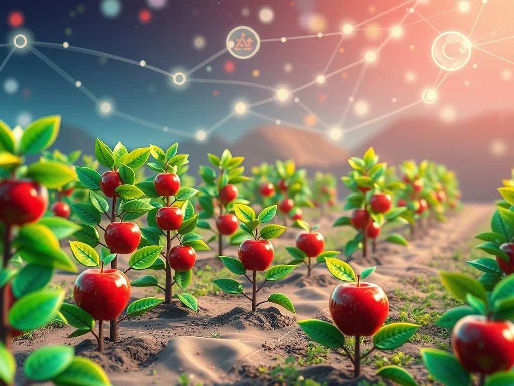 A digital farm with glowing apples, symbolizing the $3M Etherlink Apple Farm Season 2 program and its DeFi incentives.