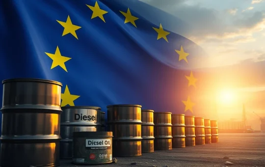 A visual representation of EU sanctions impacting Russian crude oil and global diesel imports, showing disrupted supply lines.