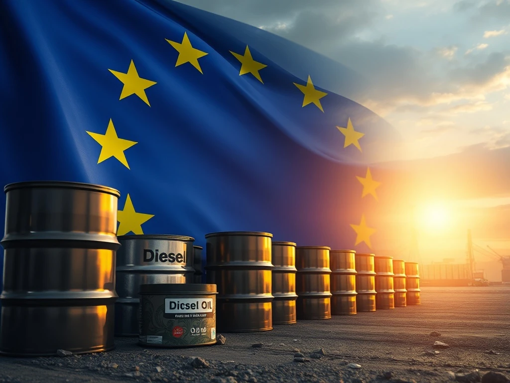 A visual representation of EU sanctions impacting Russian crude oil and global diesel imports, showing disrupted supply lines.