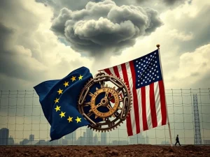 An urgent image depicting the EU's strategic €100B plan to counter US tariffs, symbolizing the looming US trade war and its potential global economic impact.