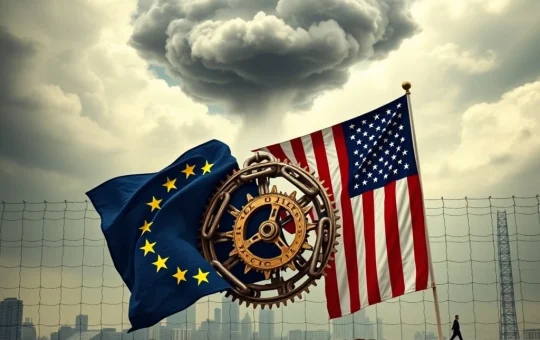 An urgent image depicting the EU's strategic €100B plan to counter US tariffs, symbolizing the looming US trade war and its potential global economic impact.