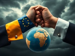 Illustrating the escalating EU tariffs on US goods, showing a tense standoff in the transatlantic trade dispute.