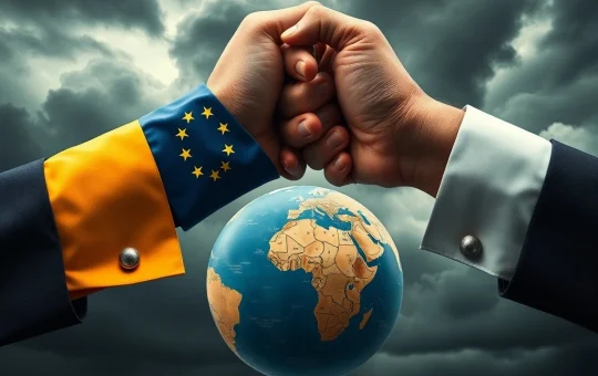 Illustrating the escalating EU tariffs on US goods, showing a tense standoff in the transatlantic trade dispute.