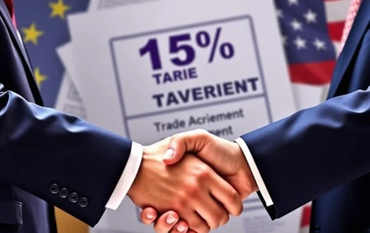 EU and US officials shaking hands over the Turnberry Agreement with a 15% tariff sign