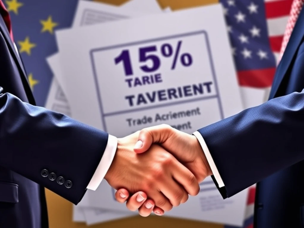EU and US officials shaking hands over the Turnberry Agreement with a 15% tariff sign