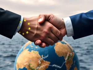 Diplomats shaking hands to finalize a crucial EU US Trade Deal, preventing a damaging trade war.