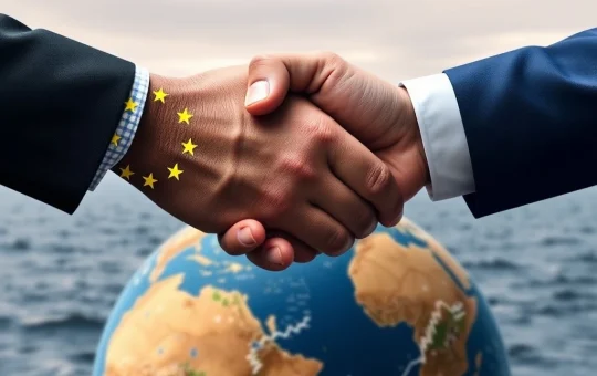 Diplomats shaking hands to finalize a crucial EU US Trade Deal, preventing a damaging trade war.