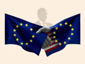 Illustrating the complex negotiations for the EU-US Trade Agreement, showing diplomatic figures and symbols of trade. Crucial for global economic stability.