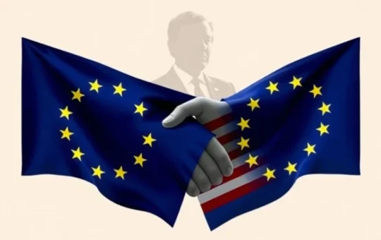 Illustrating the complex negotiations for the EU-US Trade Agreement, showing diplomatic figures and symbols of trade. Crucial for global economic stability.