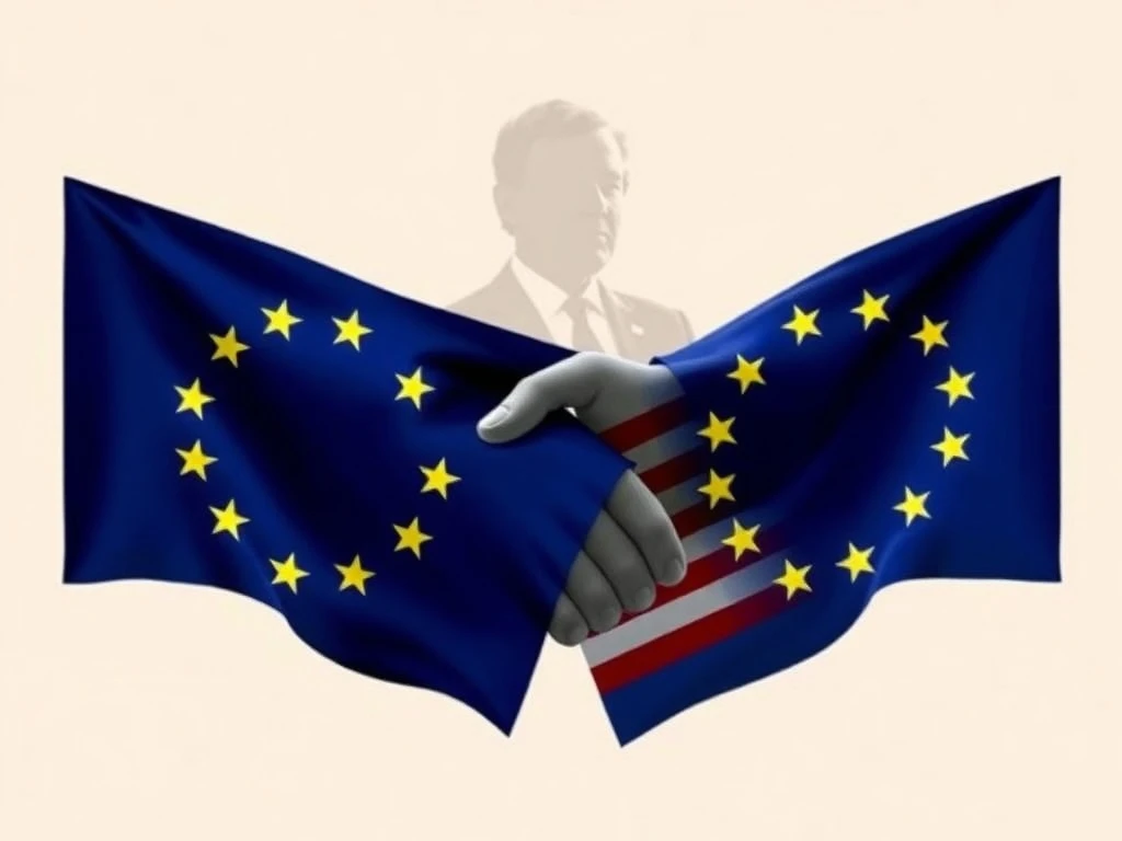Illustrating the complex negotiations for the EU-US Trade Agreement, showing diplomatic figures and symbols of trade. Crucial for global economic stability.