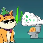 A whimsical cartoon cat, representing Troller Cat, observing a massive crypto surge on a digital chart, contrasting with a humorous Fartcoin symbol, illustrating the meme coin market dynamics.